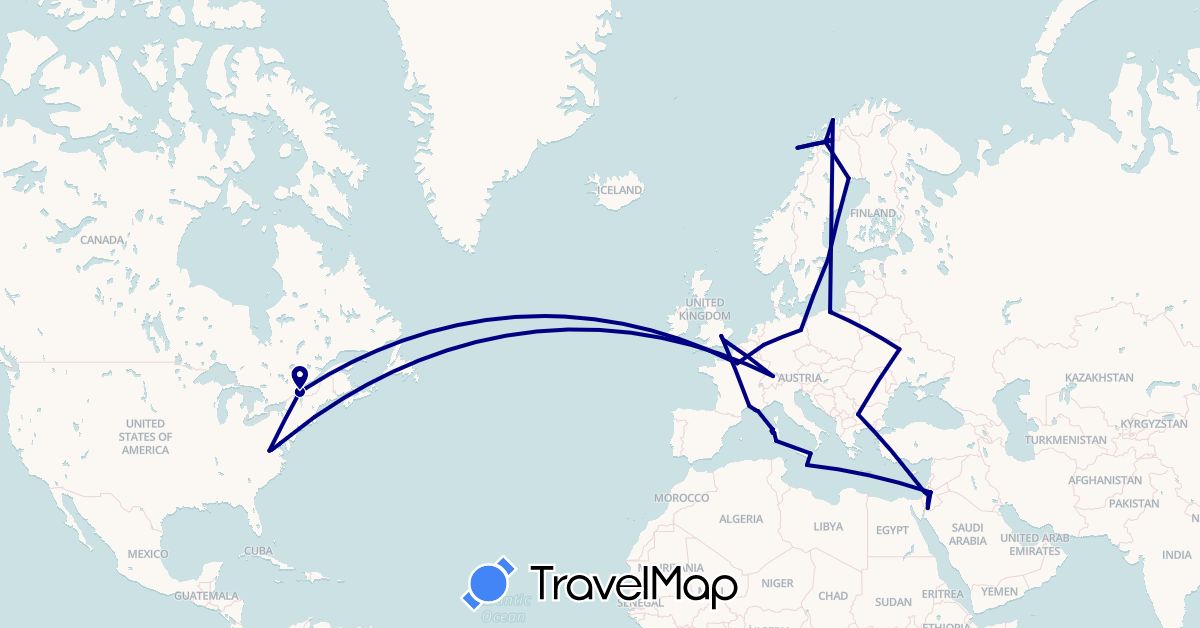 TravelMap itinerary: driving in Bulgaria, Canada, Switzerland, Germany, France, United Kingdom, Israel, Italy, Jordan, Malta, Norway, Poland, Sweden, Ukraine, United States (Asia, Europe, North America)